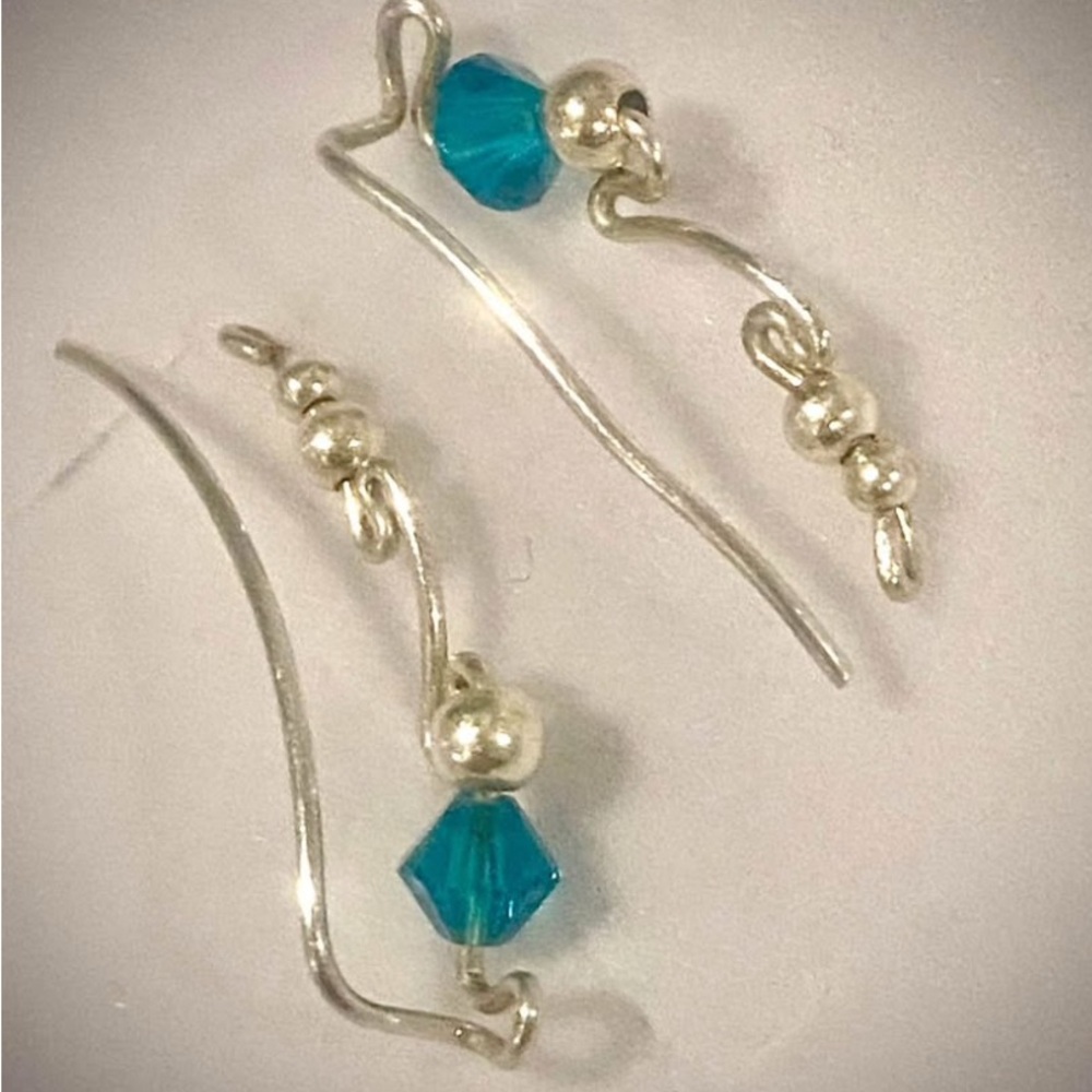 Elegant Silver and Blue Climbing Earrings. Final pic shows how they look.